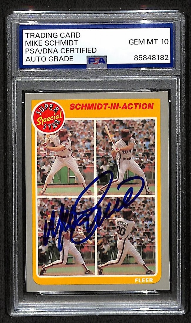 Mike Schmidt 1985 Fleer Card #627 Phillies HOF Signed PSA/ DNA Auto GEM 10 209357: Mike Schmidt 1985 Fleer Card #627 Phillies HOF Signed PSA/ DNA Auto GEM 10 209357 Signed by Mike Schmidt, this 1985 Fleer Card #627 features a GEM 10 PSA/DNA Auto, a high-grade level of authentication