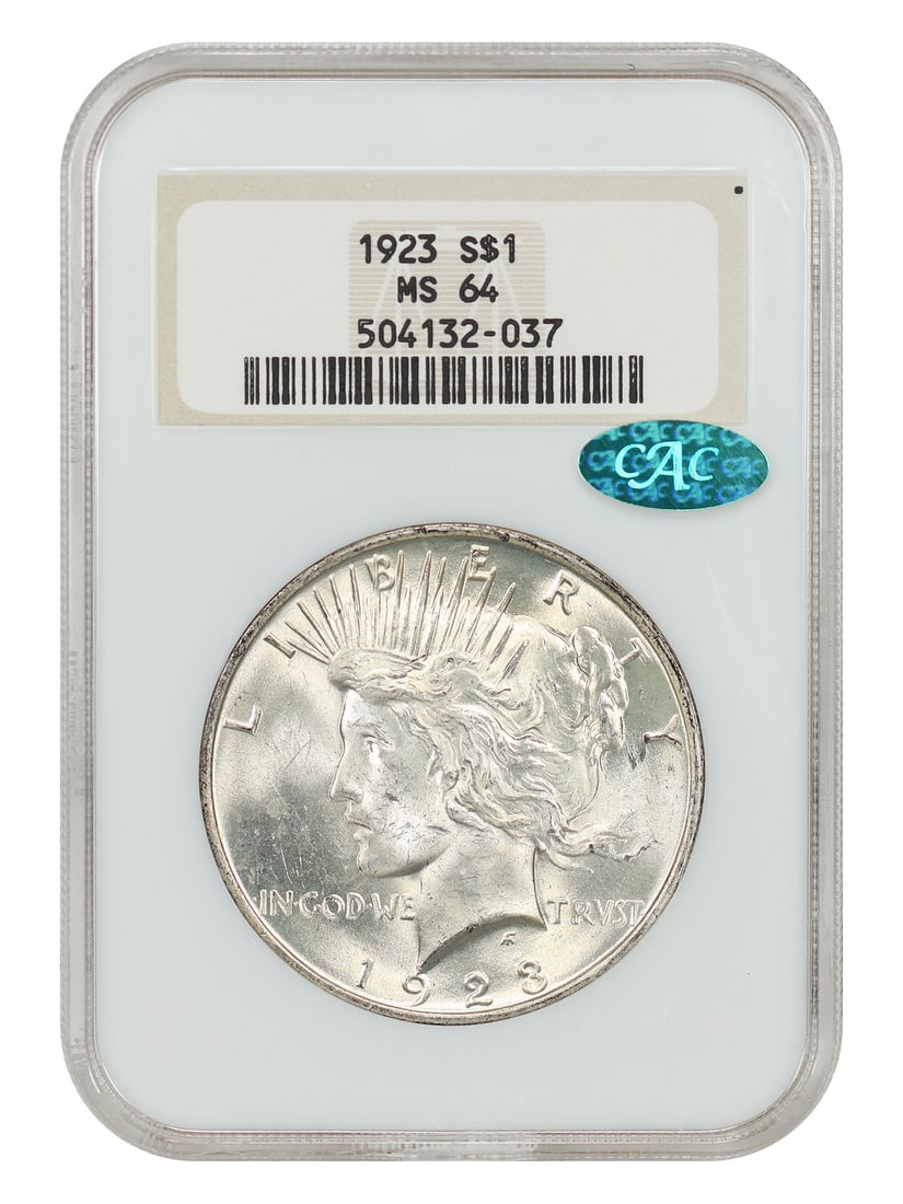 1923 $1 NGC/ CAC MS64 (OH) - Peace Dollar: 1923 $1 NGC/ CAC MS64 (OH) - Peace Dollar The 1923 $1 Peace Dollar is a highly detailed and well-certified coin, graded MS64 by the Numismatic Guaranty Corporation (NGC) and recognized by the Coin Acc