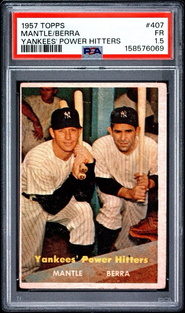 1957 TOPPS MICKEY MANTLE YOGI BERRA #407 YANKEES POWER HITTERS PSA 1.5: 1957 TOPPS MICKEY MANTLE YOGI BERRA #407 YANKEES POWER HITTERS PSA 1.5 1957 Topps Mickey Mantle and Yogi Berra #407 Yankees Power Hitters card is a vintage original, graded 1.5 by Professional Sports 