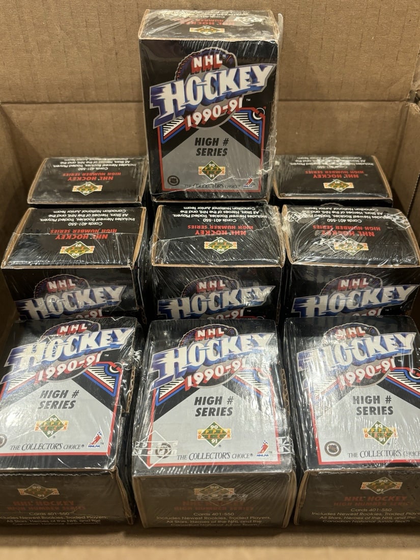 LOT OF (10) 1990-91 UPPER DECK NHL #401-550 SEALED BOXES: LOT OF (10) 1990-91 UPPER DECK NHL #401-550 SEALED BOXES Sealed boxes of 1990-91 Upper Deck NHL cards, featuring 150 cards per box, are up for grabs in this lot of 10 boxes. Each box is made of