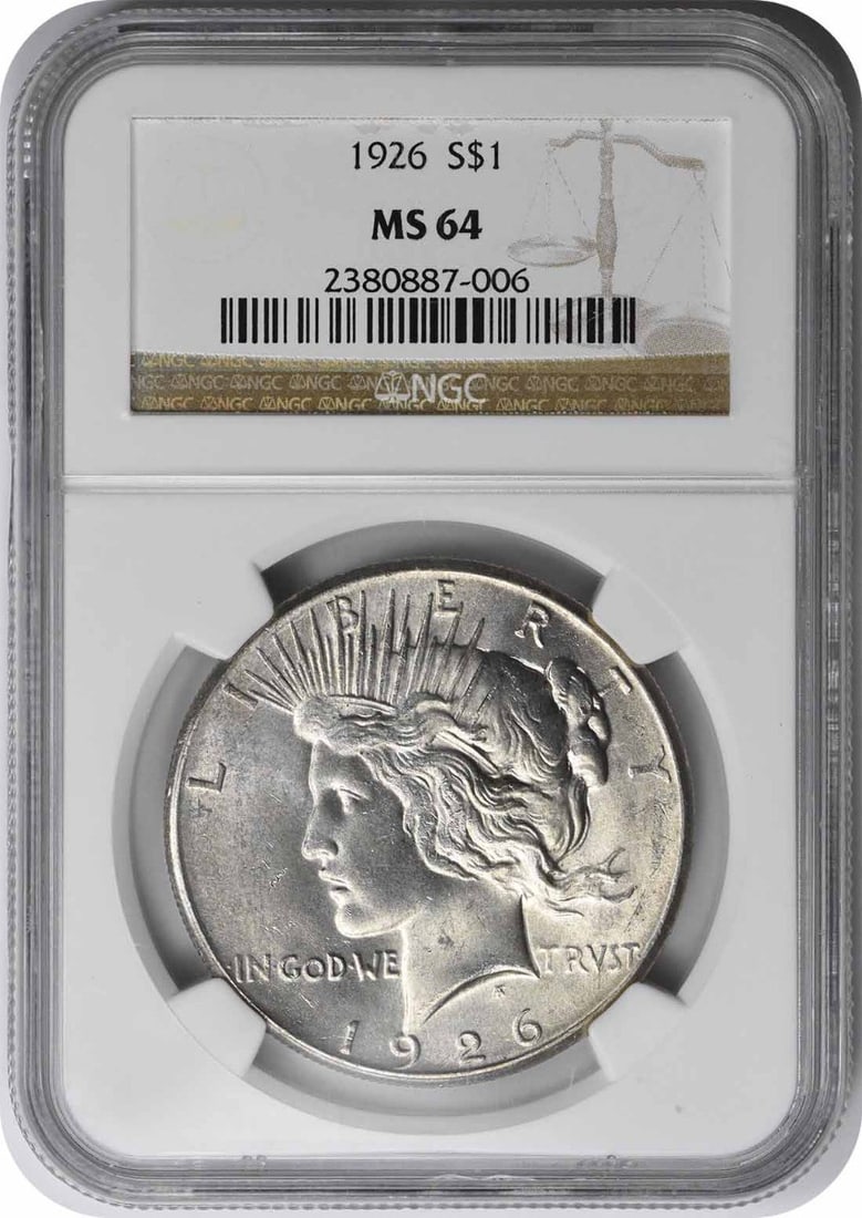 Peace Silver Dollar MS64 NGC: Peace Silver Dollar MS64 NGC The 1926 Peace Silver Dollar, certified MS64 by the NGC, is a stunning example of American numismatic history. With its 90% silver composition and reeded edge, this coin i