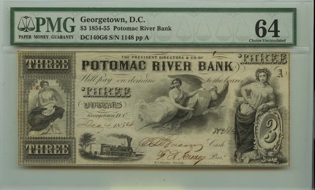 CU64 Potomac River Bank Obsolete Note 1854 $3 Georgetown, DC: CU64 Potomac River Bank Obsolete Note 1854 $3 Georgetown, DC MS64 CU64 Potomac River Bank Obsolete Note 1854 $3 Georgetown, DC, bears a signature and is certified by PMG, showcasing a rare and histori