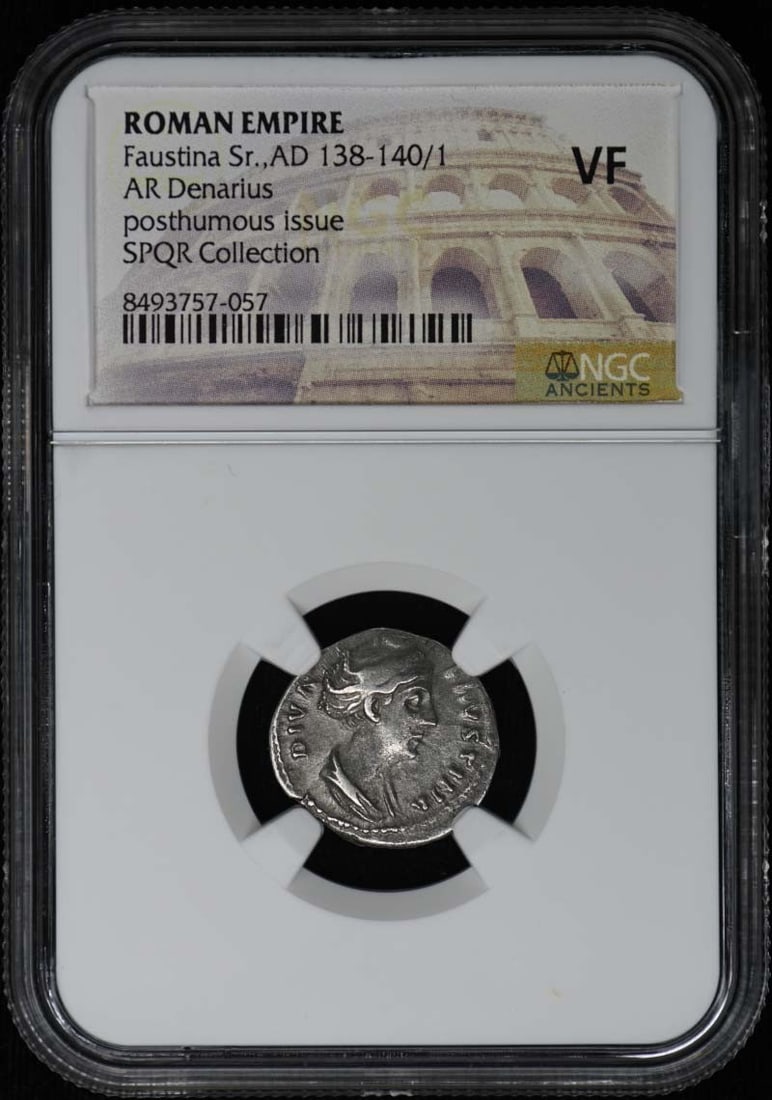 Faustina Sr., AD 138-140/ 1 ROMAN EMPIRE AR Denarius NGC VF20: Faustina Sr., AD 138-140/ 1 ROMAN EMPIRE AR Denarius NGC VF20 NGC VF20 graded Roman Empire AR Denarius from AD 138-140, bearing certification number 8493757057. This ancient coin showcases the craftsm