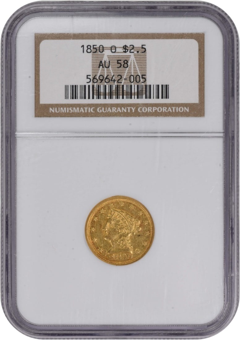 1850-O $2.50 Gold Liberty Head AU58 NGC: 1850-O $2.50 Gold Liberty Head AU58 NGC The 1850-O $2.50 Gold Liberty Head features a striking design by Christian Gobrecht, with a reeded edge and a diameter of 18.00 millimeters. Certified by the NG
