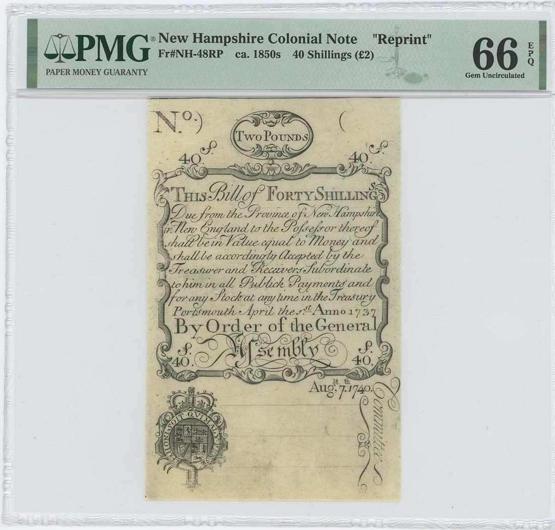 1737/ 40 April 1, 40s New Hampshire Colonial FR#NH-48RP PMG GEM 66 EPQ Cohen: 1737/ 40 April 1, 40s New Hampshire Colonial FR#NH-48RP PMG GEM 66 EPQ Cohen The 1737/40 April 1, 40s New Hampshire Colonial features a unique blend of historical significance and numismatic appeal. T