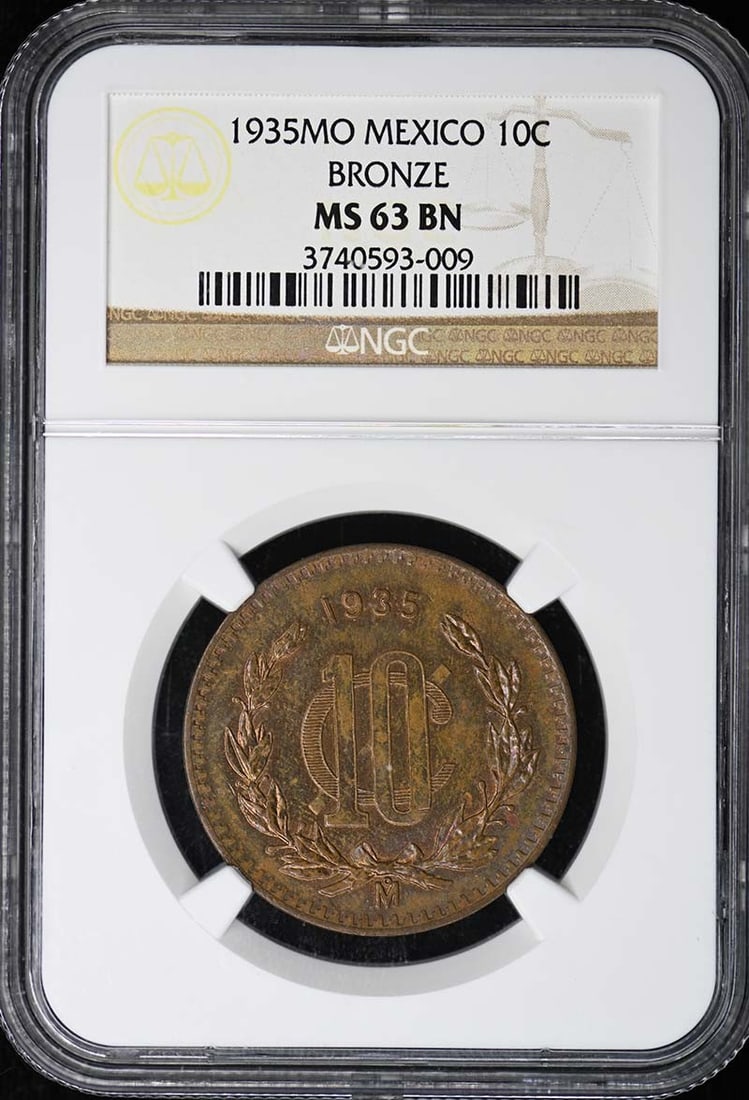 1935MO MEXICO BRONZE 10C NGC MS63BN: 1935MO MEXICO BRONZE 10C NGC MS63BN The 1935MO Mexico Bronze 10C NGC MS63BN is a highly detailed and well-crafted coin, boasting a rich bronze finish and precise minting. Certified by the Numismatic