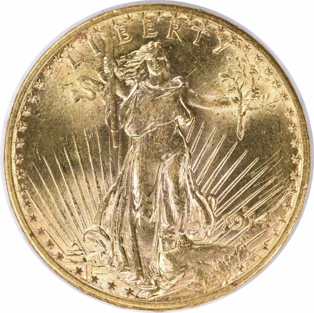$20 Gold St Gaudens Choice 1914-S BU Uncertified: $20 Gold St Gaudens Choice 1914-S BU Uncertified Choice 1914-S Gold St Gaudens $20 BU Uncertified - A circulated 1914-S Gold St Gaudens $20 coin with a Choice grade, bearing the S mint mark, and