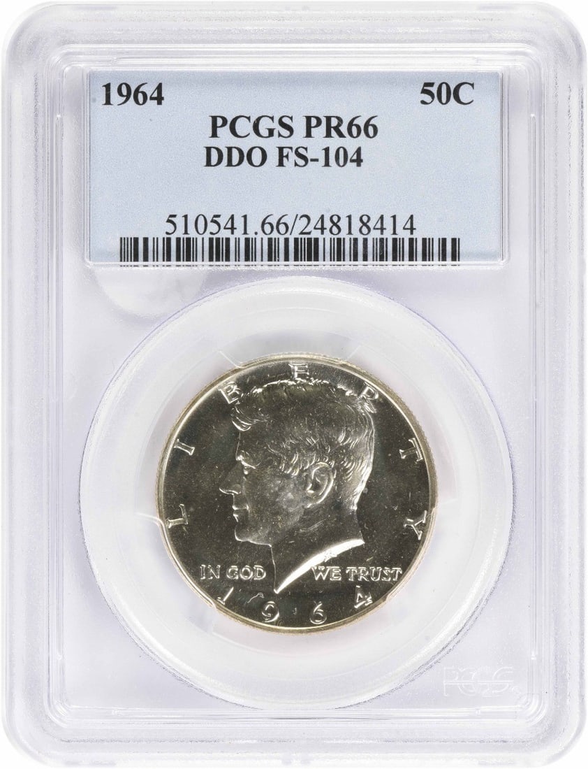 1964 Kennedy Silver Half Dollar DDO FS-104 PR66 PCGS: 1964 Kennedy Silver Half Dollar DDO FS-104 PR66 PCGS The 1964 Kennedy Silver Half Dollar DDO FS-104 PR66 PCGS is a highly graded circulated/uncirculated coin with a stunning PR66 grade, indicating exc