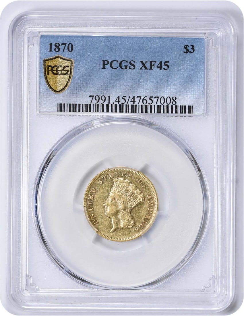 1870 $3 Gold EF45 PCGS: 1870 $3 Gold EF45 PCGS 1870 $3 Gold EF45 PCGS. This 1870 gold $3 coin features a circulated grade of EF45, certified by PCGS, with a km number of 84. The coin's gold composition and lack of a mint mar