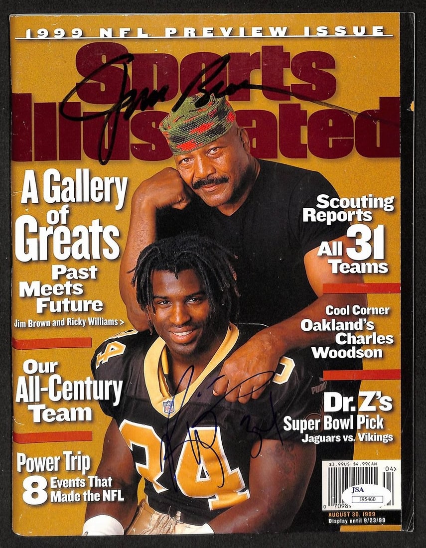 Jim Brown HOF & Ricky Williams Signed 1999 Sports Illustrated No Label JSA 2922: Jim Brown HOF & Ricky Williams Signed 1999 Sports Illustrated No Label JSA 2922 Item Specifics: Original/Reprint: Original Product: Photo Sport: Football Product Disclaimer: Not affiliated with any te