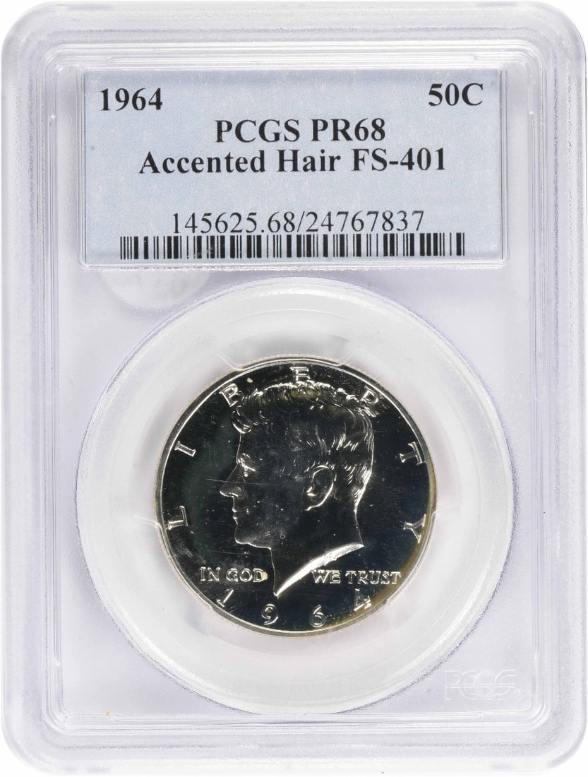 Silver Half Dollar Accented Hair FS-401 PR68 PCGS: Silver Half Dollar Accented Hair FS-401 PR68 PCGS The 1964 Kennedy Half Dollar, certified PR68 by PCGS, boasts a stunning silver finish and precise details, showcasing the exceptional craftsmanship of