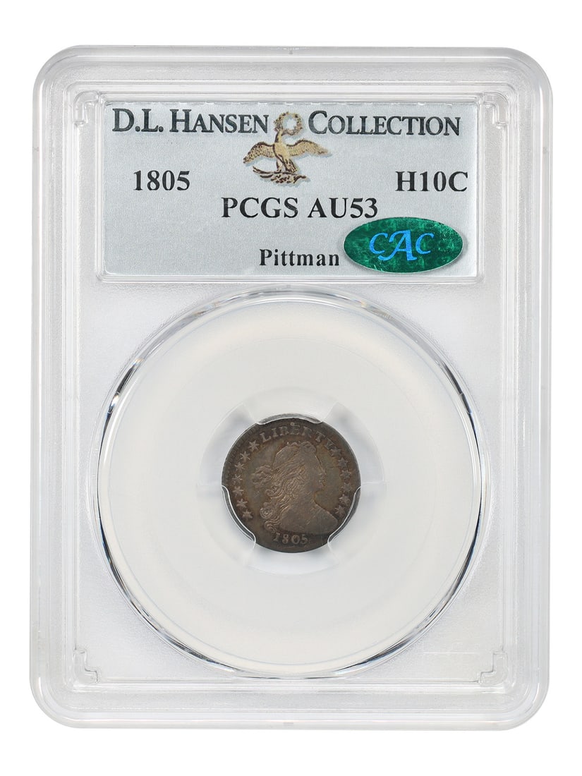 PCGS CAC AU53 H10C 1805 ex D.L. Hansen Pittman: PCGS CAC AU53 H10C 1805 ex D.L. Hansen Pittman Item Specifics: Denomination: H10C Year: 1805 Mint Location: Philadelphia Circulated/Uncirculated: Circulated Certification: PCGS Certification Number: