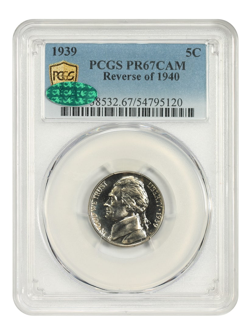 1939 5C PCGS/ CAC PR67CAM (Reverse of 1940) - Jefferson Nickel: 1939 5C PCGS/ CAC PR67CAM (Reverse of 1940) - Jefferson Nickel The 1939 5C PCGS/CAC PR67CAM (Reverse of 1940) - Jefferson Nickel is a highly graded, uncirculated coin featuring the iconic Jefferson