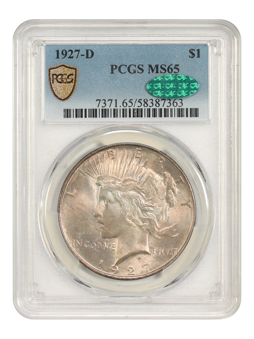1927-D $1 PCGS/ CAC MS65 - Peace Dollar - Better D-Mint: 1927-D $1 PCGS/ CAC MS65 - Peace Dollar - Better D-Mint The 1927-D $1 Peace Dollar is a highly sought-after coin, graded MS65 by PCGS and CAC, showcasing excellent condition and mint luster. This Denv