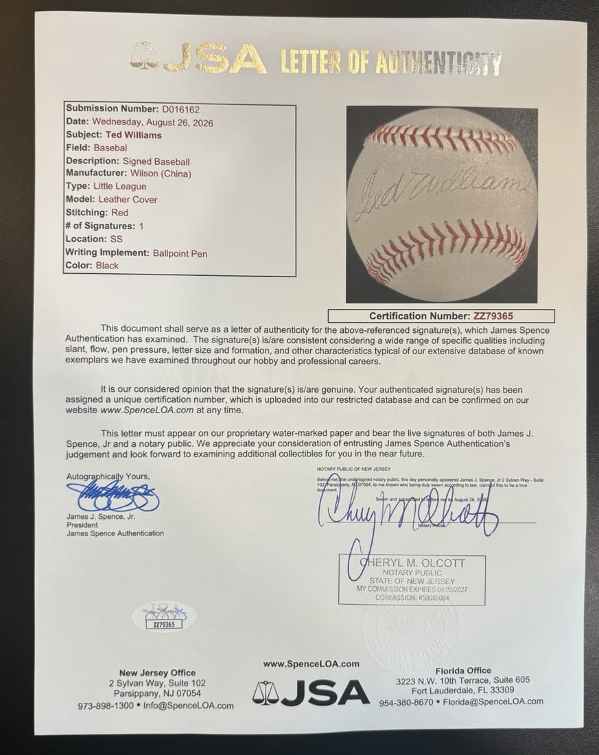 SIGNED BASEBALL TED WILLIAMS JSA LOA - 5