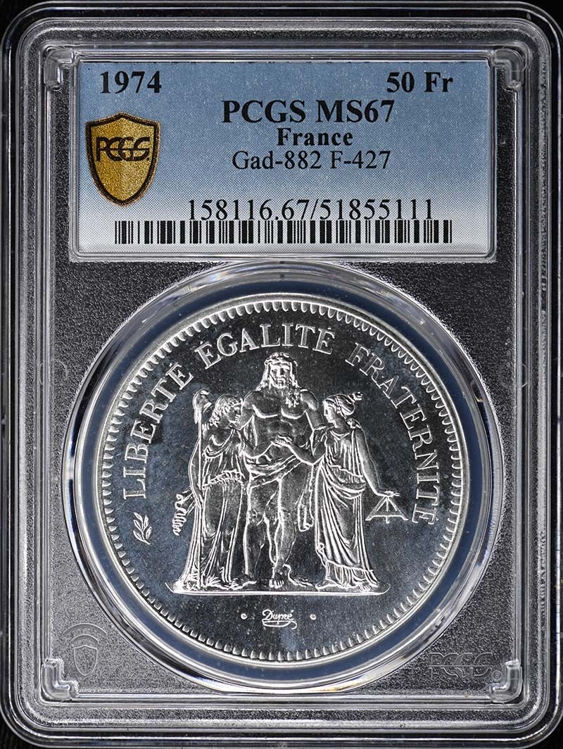 1974 50 Fr KM-941.1 Gad-882 50 Francs - Hercule PCGS MS67: 1974 50 Fr KM-941.1 Gad-882 50 Francs - Hercule PCGS MS67 The 1974 50 Fr KM-941.1 Gad-882 50 Francs coin boasts a stunning MS67 grade, showcasing exceptional mint state condition. Certified by PCGS, t