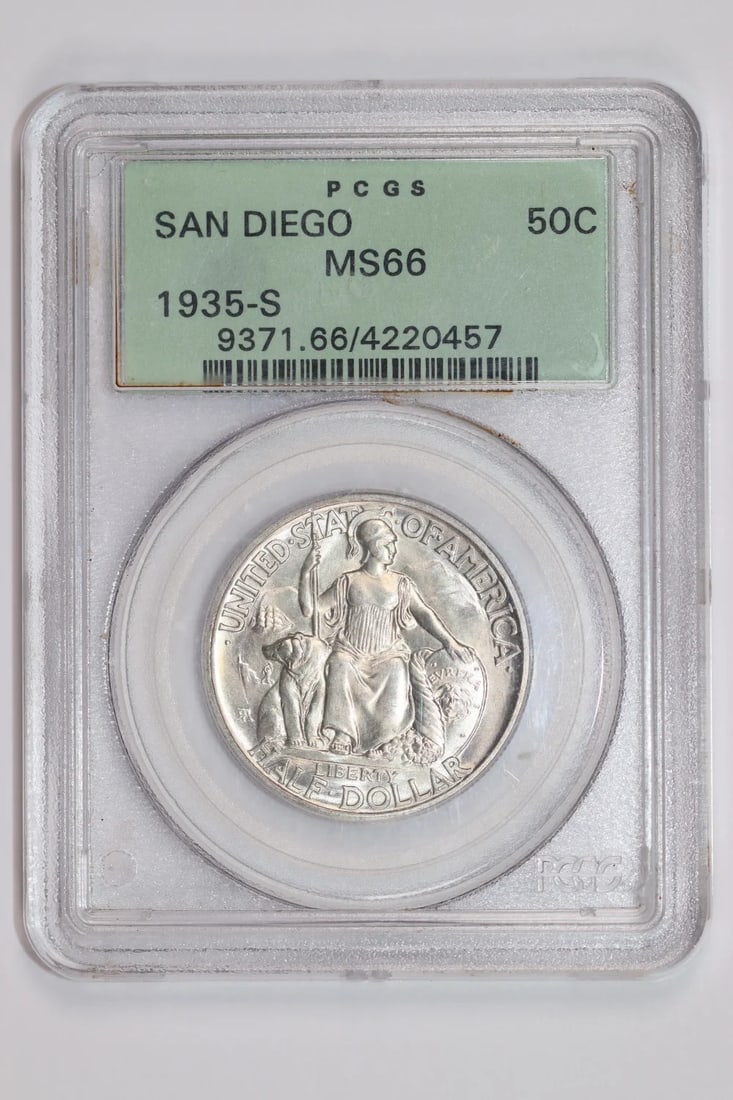 MS66 PCGS HALF DOLLAR SAN DIEGO COMMEMORATIVE 1935-S: MS66 PCGS HALF DOLLAR SAN DIEGO COMMEMORATIVE 1935-S MS66 PCGS HALF DOLLAR SAN DIEGO COMMEMORATIVE 1935-S is a highly graded coin, certified by the Professional Coin Grading Service (PCGS) with a grad