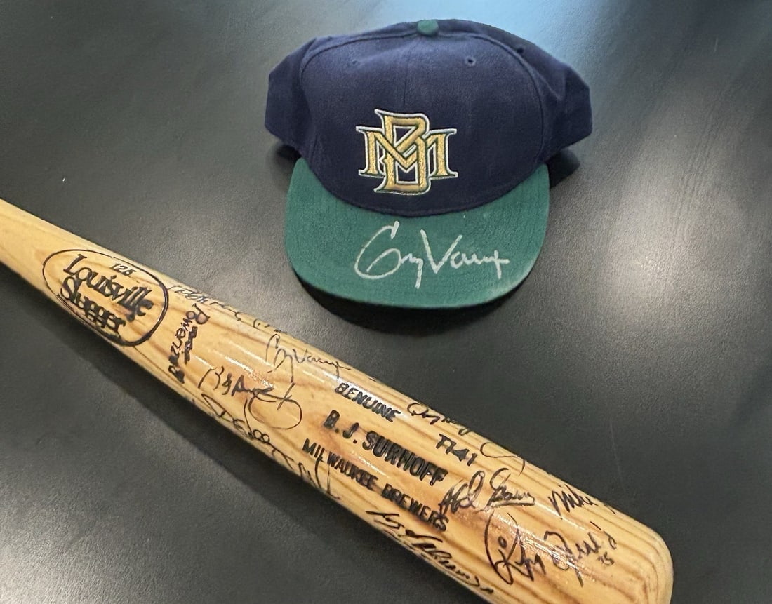 TEAM SIGNED BREWERS BAT VAUGHN HAT SLUGGER BJ SURHOFFS MILWAUKEE LOUISVILLE (1 of 8)