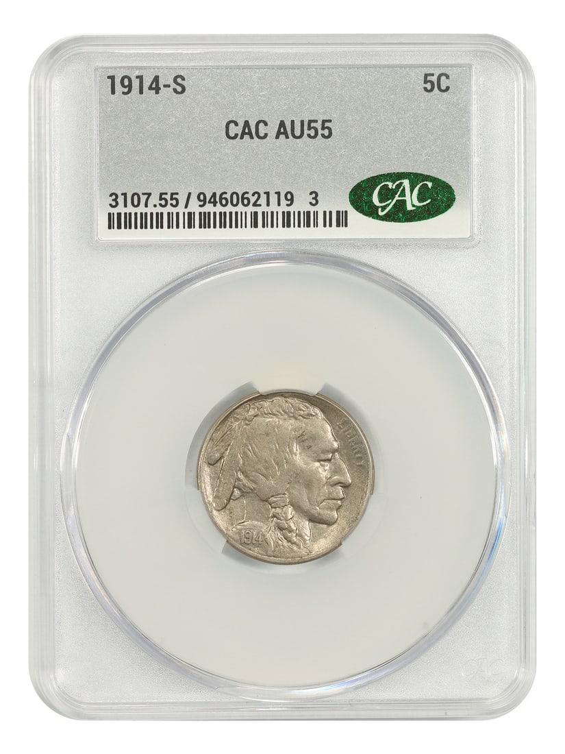 Buffalo Nickel 5C CACG 1914-S AU55: Buffalo Nickel 5C CACG 1914-S AU55 The 1914-S Buffalo Nickel is a highly sought-after coin, featuring a striking design by James Earle Fraser. Certified by CACG as AU55, this circulated coin showcases