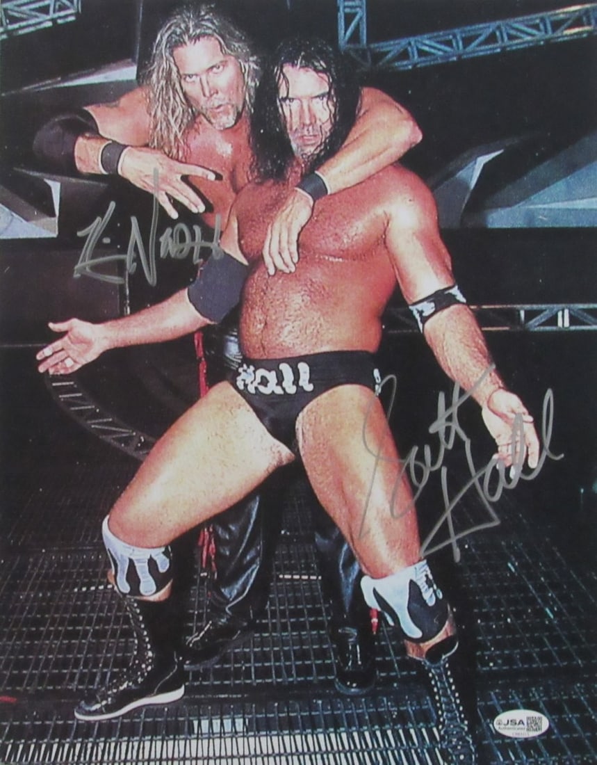 Nash Kevin & Scott Hall Autographed Photo WWF WCW NOW Signed 11x14 JSA: Nash Kevin & Scott Hall Autographed Photo WWF WCW NOW Signed 11x14 JSA Authentic autographed photo of Kevin Nash and Scott Hall, both WWF and WCW legends, bears their signatures on a 11x14 inch JSA-ve