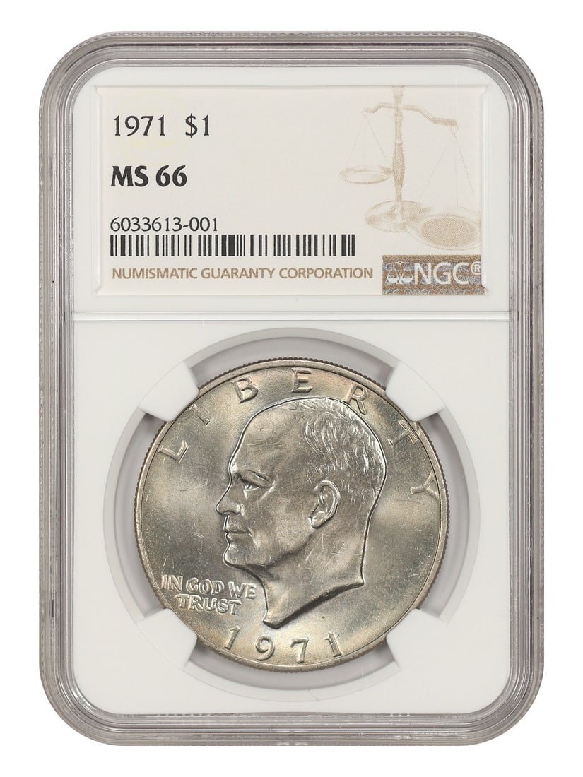 1971 $1 NGC MS66 - Ike Dollar: 1971 $1 NGC MS66 - Ike Dollar The 1971 $1 NGC MS66 - Ike Dollar is a highly graded uncirculated coin, certified by the Numismatic Guaranty Corporation (NGC) with a high level of detail and luster. Thi