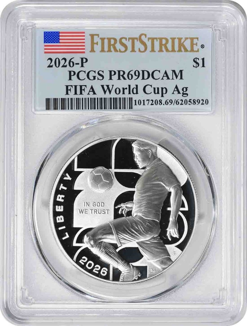 2026-P FIFA World Cup Commemorative Silver Dollar PR69DCAM First Strike PCGS: 2026-P FIFA World Cup Commemorative Silver Dollar PR69DCAM First Strike PCGS Item Specifics: Certification: PCGS Circulated/Uncirculated: Uncirculated Composition: Silver Year: 2026 Strike Type: Proof