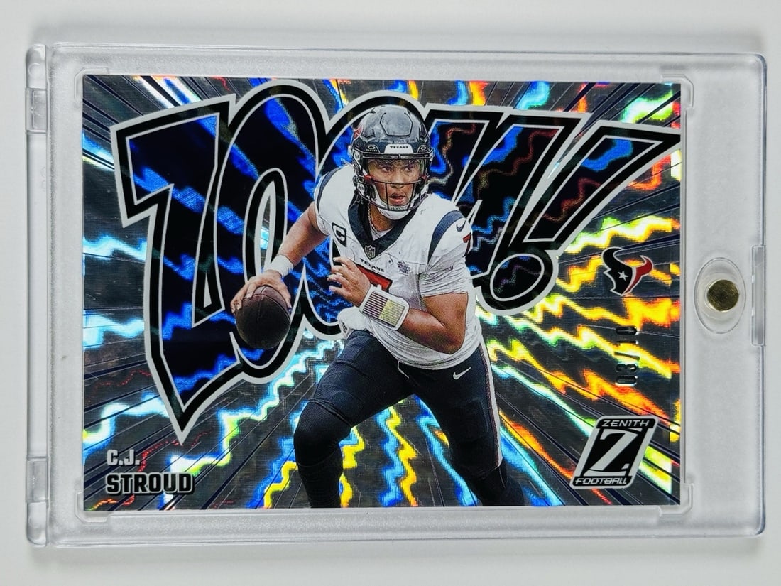 CJ Stroud Zoom/ Panini 10 Texans Zenith 2024: CJ Stroud Zoom/ Panini 10 Texans Zenith 2024 C.J. Stroud's 2024 Panini Zenith card is a unique addition to any football collection, featuring the quarterback's autograph in a limited print run of