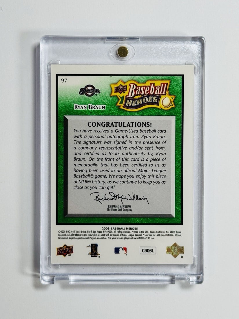 RYAN BRAUN 2008 PATCH AUTO/ 5 UPPER DECK BASEBALL HEROES - 2