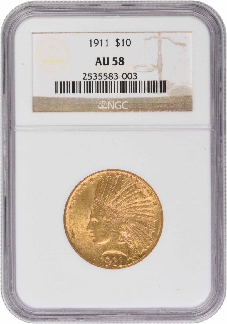 $10 Gold Indian AU58 1911: $10 Gold Indian AU58 1911 Item Specifics: Certification: NGC Circulated/Uncirculated: Circulated Km Number: 130 Year: 1911 Composition: Gold Denomination: $10 Grade: AU Mint Location: No Mint Mark