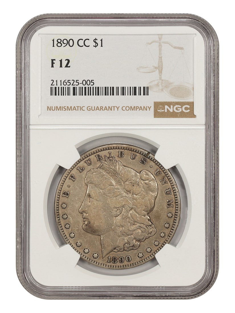 Scarce CC-Mint Morgan - 12 - 1890-CC $1 NGC Fine Morgan Dollar: Scarce CC-Mint Morgan - 12 - 1890-CC $1 NGC Fine Morgan Dollar The 1890-CC $1 Morgan Dollar is a scarce and highly sought-after coin. Certified by the NGC as Fine, this circulated example boasts a uni