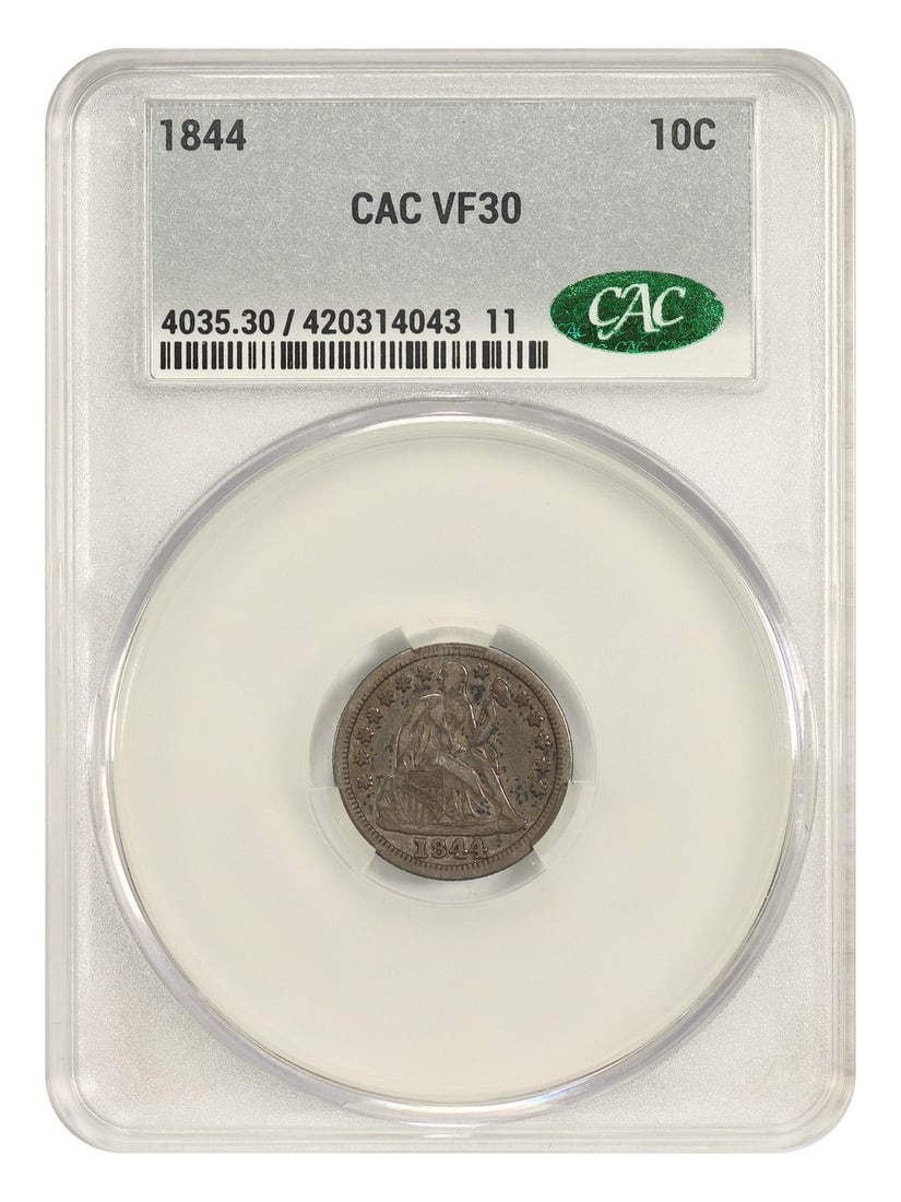 CACG VF30 Liberty Seated Dime P-Mint Issue 1844 10C: CACG VF30 Liberty Seated Dime P-Mint Issue 1844 10C The CACG VF30 Liberty Seated Dime P-Mint Issue 1844 10C is a circulated example of one of the earliest dime coins in the United States. This coin be