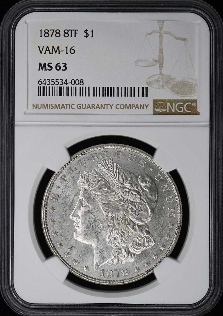 1878 8TF Morgan Dollar VAM-16 S$1 NGC MS63: 1878 8TF Morgan Dollar VAM-16 S$1 NGC MS63 The 1878 8TF Morgan Dollar VAM-16 is a highly detailed and unique coin, certified by the NGC as MS63. This uncirculated coin features a distinctive VAM-16 de
