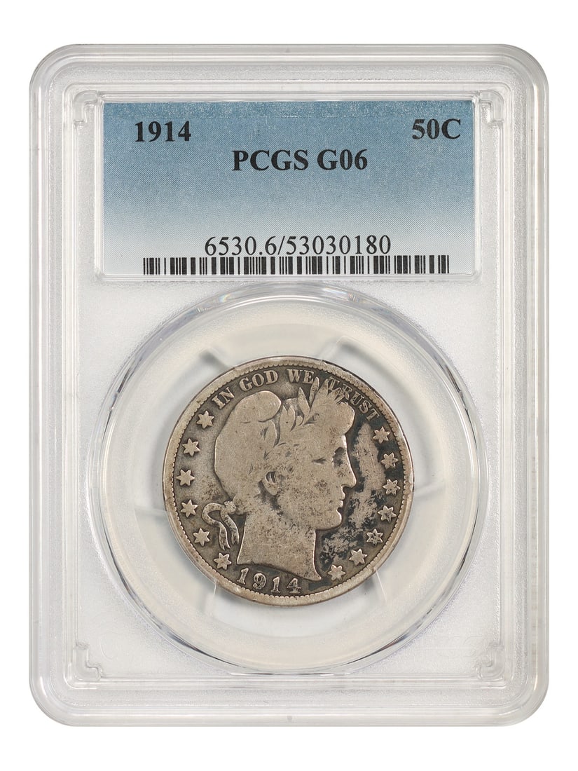 1914 50C PCGS Good 06 - Barber Half Dollar - Lowest Mintage Barber Half: 1914 50C PCGS Good 06 - Barber Half Dollar - Lowest Mintage Barber Half The 1914 50C PCGS Good 06 is a rare and highly sought-after Barber Half Dollar, with a low mintage making it a valuable addition