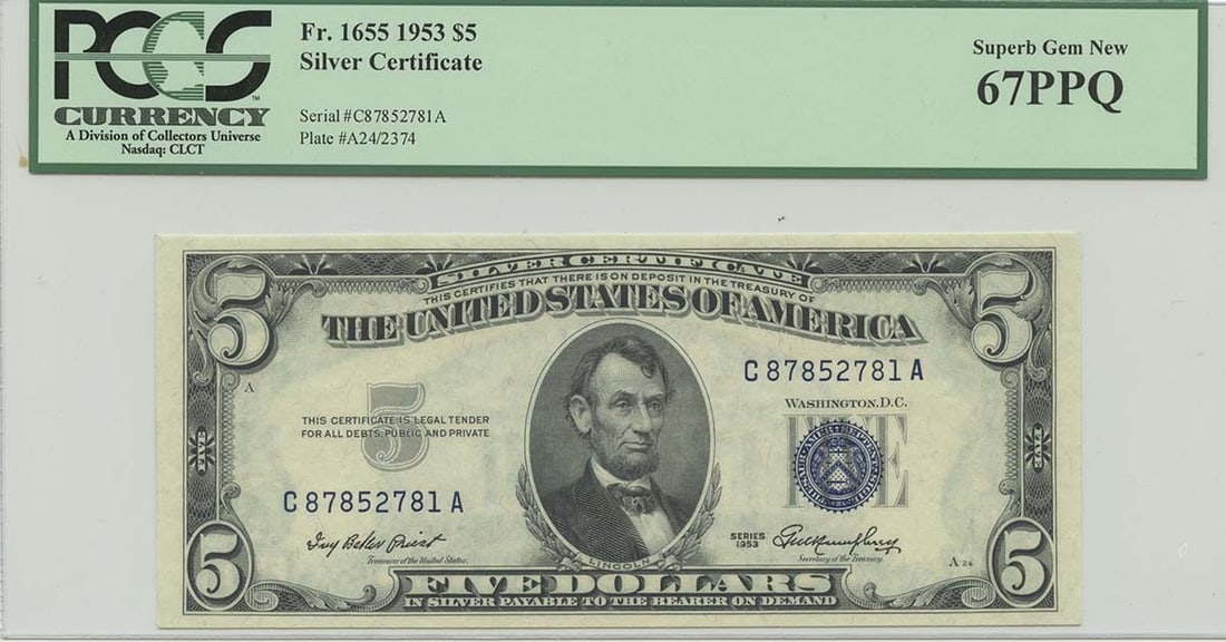 1953 $5 Silver Cert FR#1655 PCGS 67 Superb Gem New PPQ: 1953 $5 Silver Cert FR#1655 PCGS 67 Superb Gem New PPQ The 1953 $5 Silver Certificate (FR#1655) is a highly graded Superb Gem, boasting a PCGS 67 rating. This uncirculated note is certified by the pre