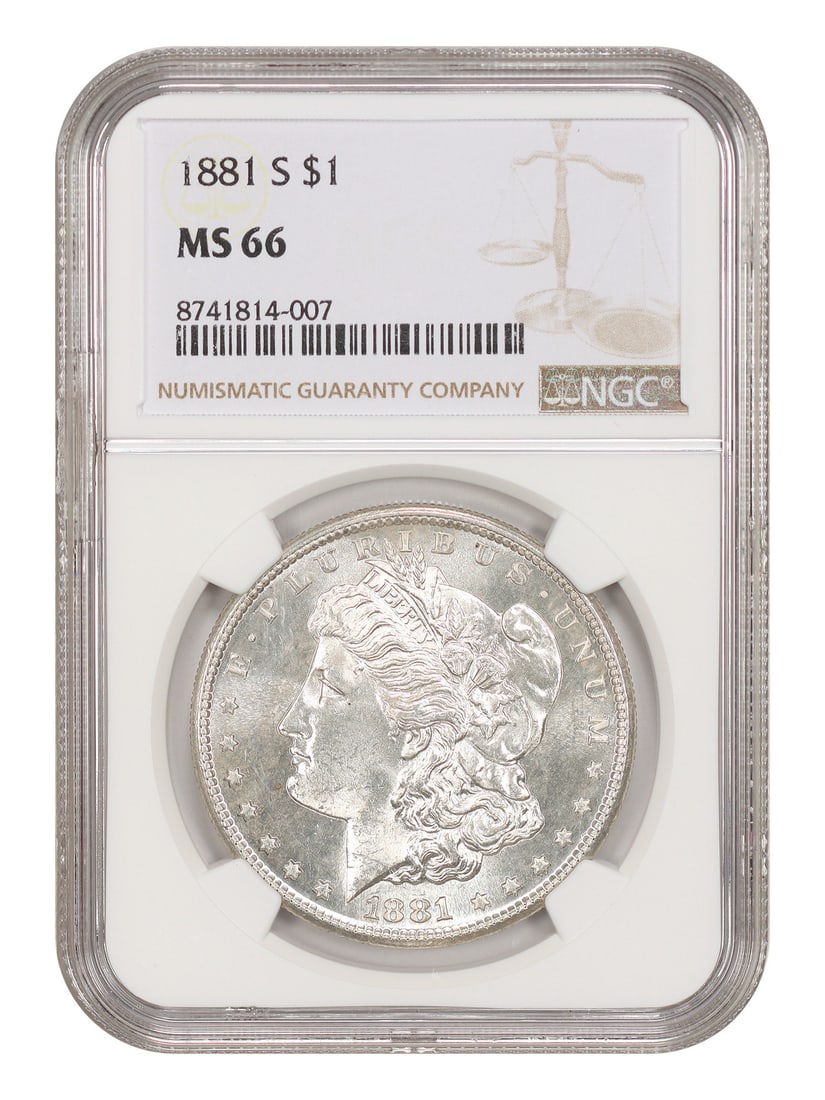 $1 1881-S NGC MS66 Flashy Example Morgan Dollar: $1 1881-S NGC MS66 Flashy Example Morgan Dollar This 1881-S NGC MS66 Flashy Example Morgan Dollar is a stunning uncirculated coin, certified by the Numismatic Guaranty Corporation (NGC) as MS66. The S