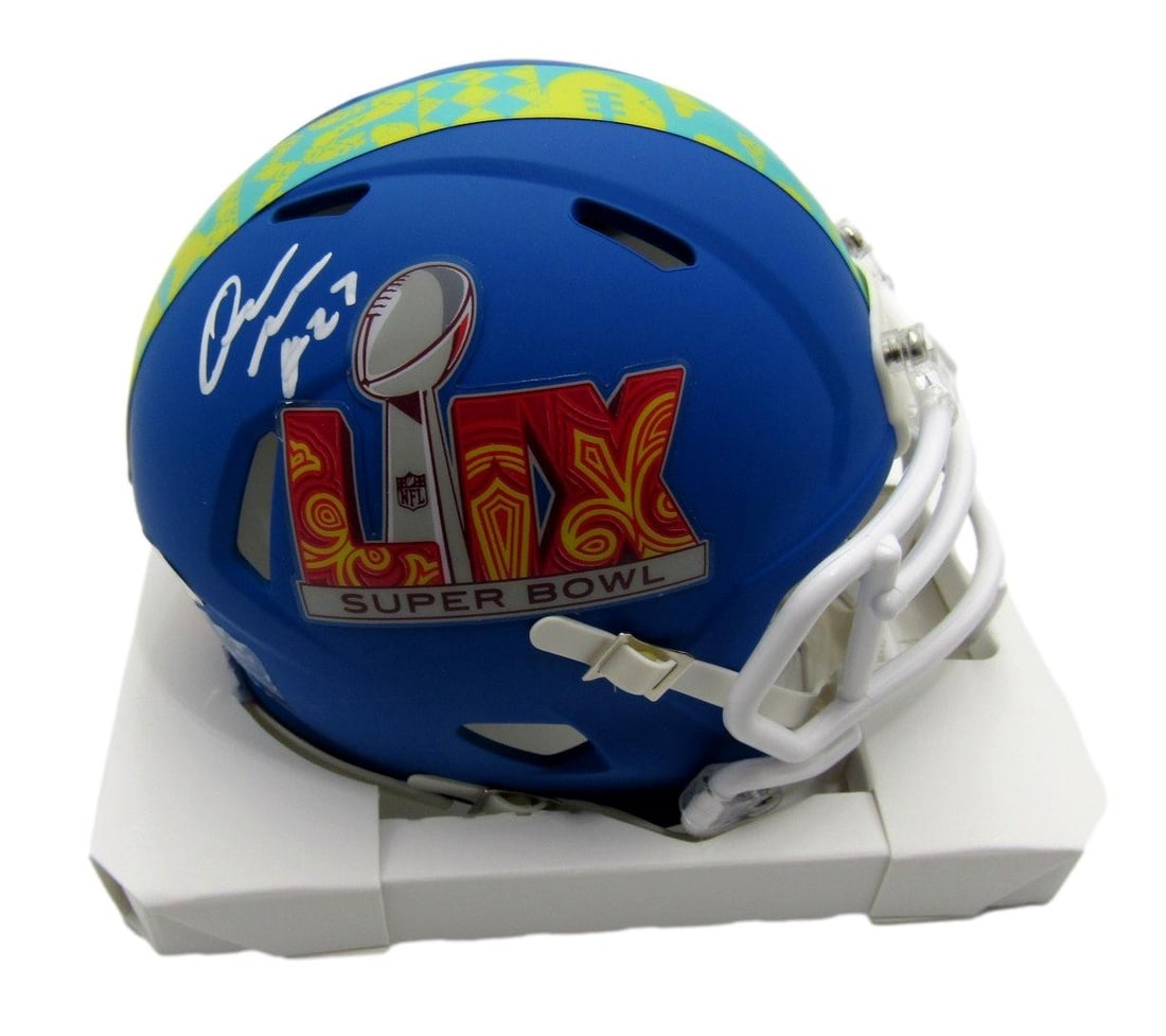 Quinyon Mitchell Signed/ Auto Blue Super Bowl LIX Mini Helmet Eagles JSA 204019: Quinyon Mitchell Signed/ Auto Blue Super Bowl LIX Mini Helmet Eagles JSA 204019 Quinyon Mitchell's signed mini helmet from Super Bowl LIX is a unique collectible, featuring the Eagles player's