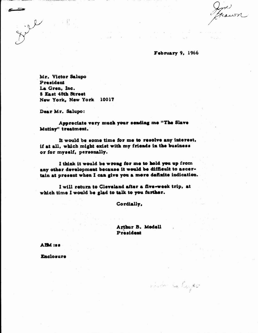 Febraury 9, 1964 Letter from Art Modell about "Slave Mutiny" Jim Brown 145008: Febraury 9, 1964 Letter from Art Modell about "Slave Mutiny" Jim Brown 145008 Original letter from Art Modell to Jim Brown about the infamous "Slave Mutiny" in 1964, providing a unique glimpse into th