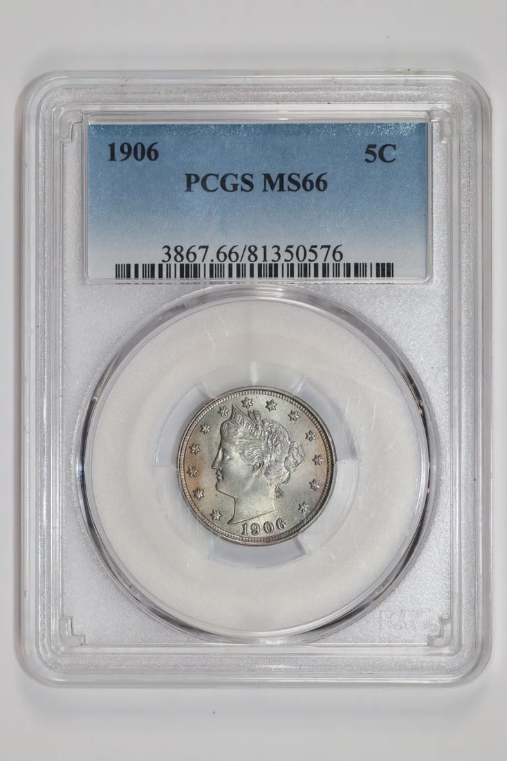 1906 LIBERTY V NICKEL PCGS MS66: 1906 LIBERTY V NICKEL PCGS MS66 The 1906 Liberty V Nickel PCGS MS66 is a highly graded uncirculated coin, certified by the Professional Coin Grading Service (PCGS) with a grade of MS 66. This coin fea