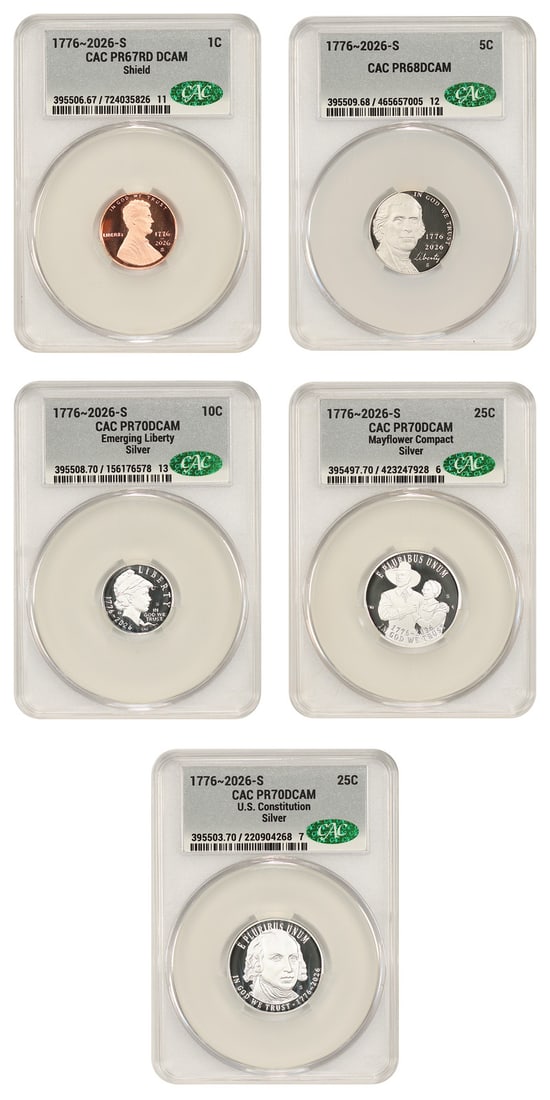 1776~2026-S 1C-$1 Silver Proof Set CACG PR67-70DCAM (10 Coins): 1776~2026-S 1C-$1 Silver Proof Set CACG PR67-70DCAM (10 Coins) The 1776~2026-S 1C-$1 Silver Proof Set features a stunning collection of 10 coins, each bearing the mark of the San Francisco Mint. Certi