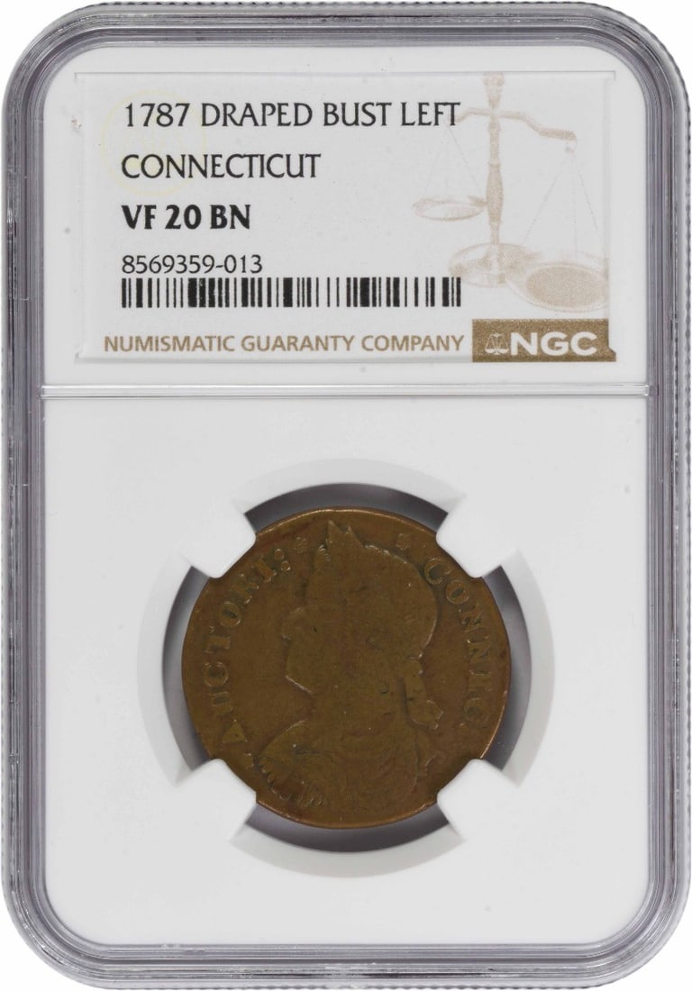 1787 Connecticut Cent Draped Bust Left VF20BN NGC: 1787 Connecticut Cent Draped Bust Left VF20BN NGC 1787 Connecticut Cent features a Draped Bust design, a classic colonial-era motif. This circulated coin, certified by the NGC, is made of copper and b