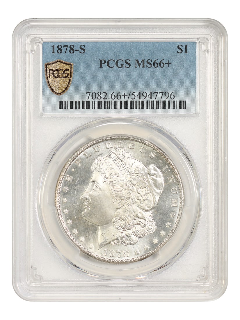 MS66+ Morgan Dollar First Year S-Mint 1878-S: MS66+ Morgan Dollar First Year S-Mint 1878-S MS66+ Morgan Dollar First Year S-Mint 1878-S is a highly graded uncirculated Morgan Dollar from the 1878-S San Francisco mint, certified by PCGS with a gra