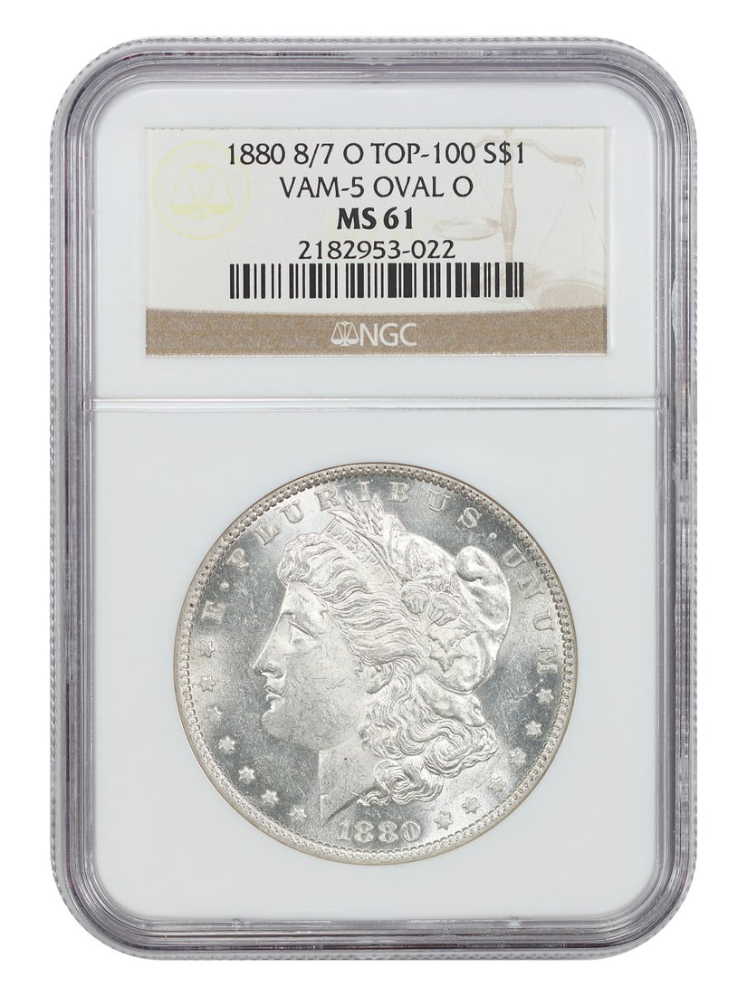 1880 8/ 7 $1 NGC MS61 (VAM 5, Oval O) - Morgan Dollar - Top 100 VAM: 1880 8/ 7 $1 NGC MS61 (VAM 5, Oval O) - Morgan Dollar - Top 100 VAM The 1880 $1 Morgan Dollar, graded MS61 by the Numismatic Guaranty Corporation (NGC), boasts a striking Oval O mint mark, a hallmark 