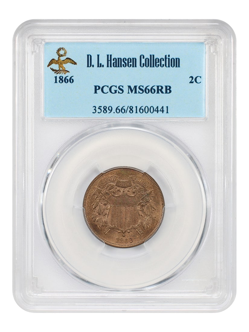 1866 2c PCGS MS66RB ex: D.L. Hansen: 1866 2c PCGS MS66RB ex: D.L. Hansen The 1866 2c PCGS MS66RB is a highly graded, uncirculated example of the 2-cent coin, certified by the Professional Coin Grading Service (PCGS) with a grade of MS66R