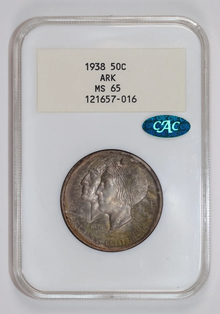 HALF DOLLAR NGC MS65 CAC WHITE LABEL 2.0 RARE COMMEMORATIVE ARKANSAS 1938: HALF DOLLAR NGC MS65 CAC WHITE LABEL 2.0 RARE COMMEMORATIVE ARKANSAS 1938 NGC MS65 CAC White Label 2.0 certification ensures the coin's high level of quality and authenticity. This 1938 commemorative 