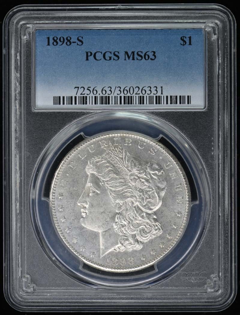1898-S $1 Morgan Dollar PCGS MS63: 1898-S $1 Morgan Dollar PCGS MS63 The 1898-S $1 Morgan Dollar is a highly sought-after coin, graded MS63 by PCGS. This uncirculated coin bears the iconic design of Augustus Saint-Gaudens and was minte