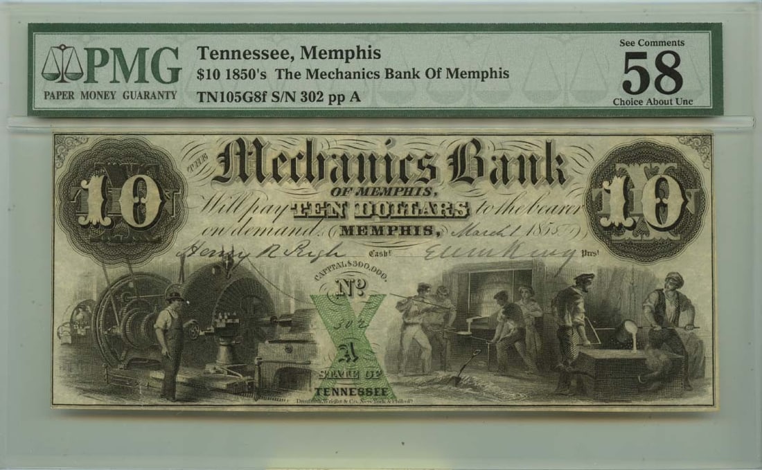 $10 Memphis Tennessee Obsolete Note 1855 Mechanics Bank PMG: $10 Memphis Tennessee Obsolete Note 1855 Mechanics Bank PMG This 1855 Mechanics Bank note from Memphis, Tennessee is a rare example of an obsolete note, bearing the PMG certification number 1004047005
