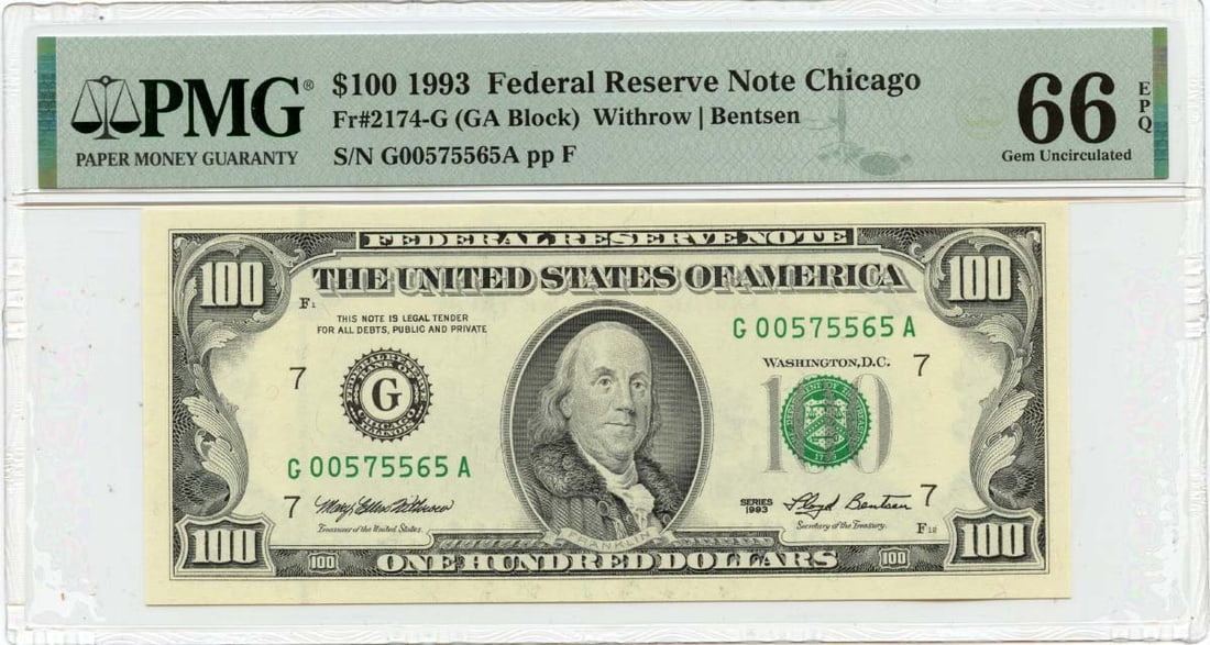 1993 $100 Federal Reserve Note Chicago FR#2174-G PMG GEM 66 EPQ: 1993 $100 Federal Reserve Note Chicago FR#2174-G PMG GEM 66 EPQ The 1993 $100 Federal Reserve Note features a striking design, with its unique color-shifting ink and intricate security features. Certi