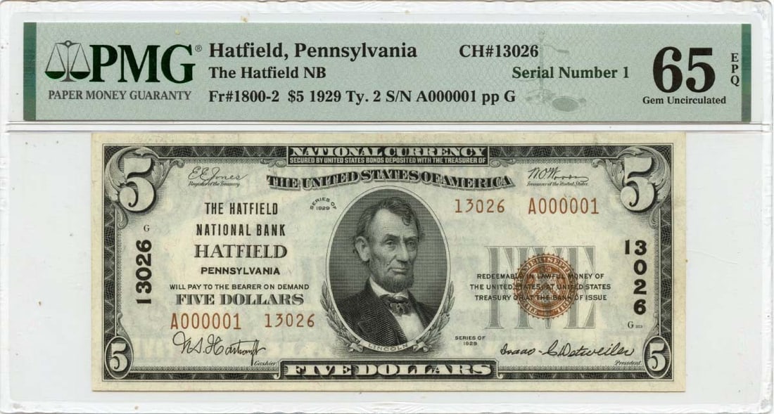 1929 Ty. 2 $5 The Hatfield NB Hatfield Pennsylvania FR#1800-2 PMG Gem65 EPQ (1 of 1)