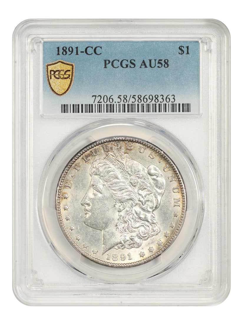 1891-CC $1 PCGS AU58 - Morgan Dollar - Scarce Date: 1891-CC $1 PCGS AU58 - Morgan Dollar - Scarce Date The 1891-CC Morgan Dollar is a scarce variant of the iconic coin, with only a handful of examples known to exist. This PCGS AU58 certified coin