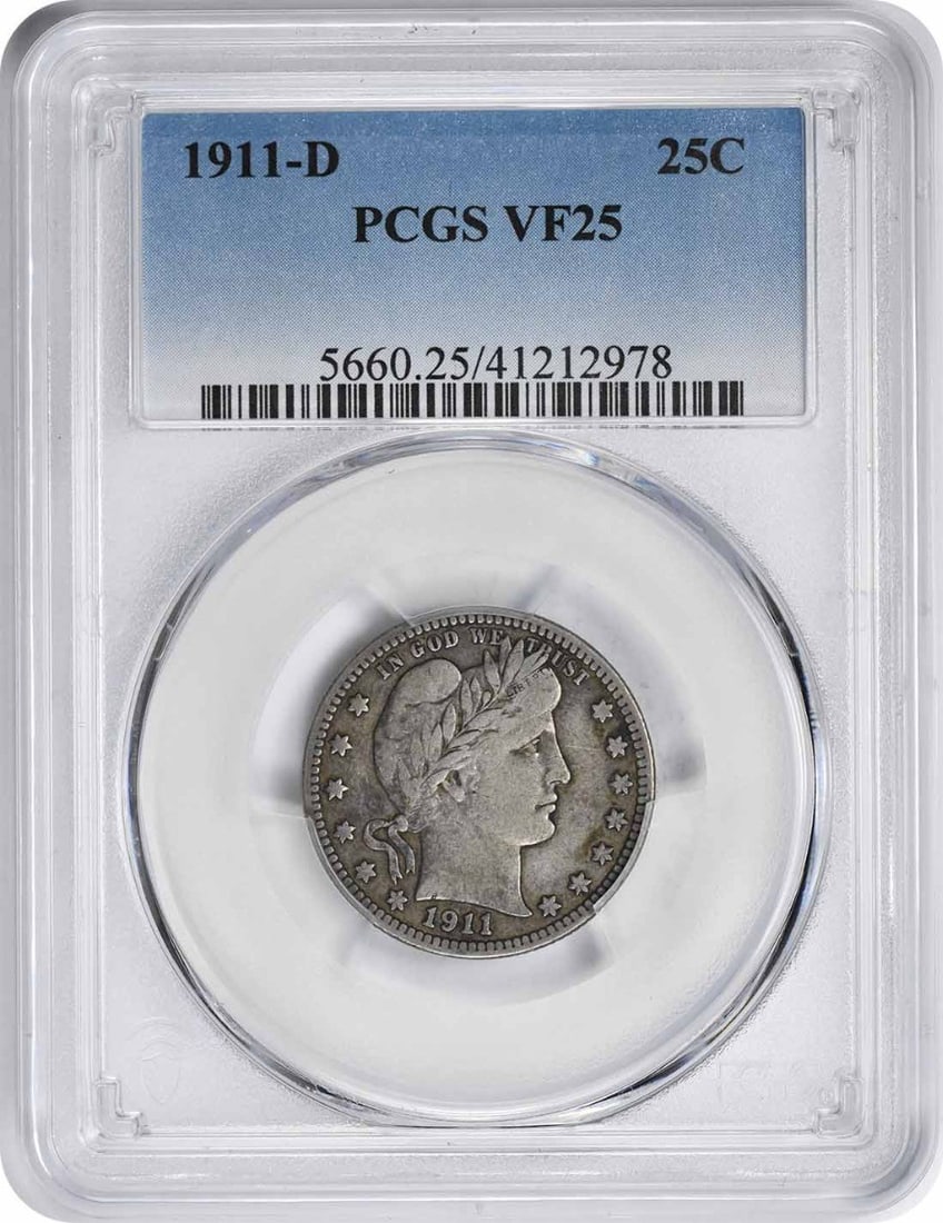 Quarter 1911 Barber Silver PCGS VF25: Quarter 1911 Barber Silver PCGS VF25 The 1911 Barber Silver Quarter is a highly detailed and intricately designed coin, featuring the iconic portrait of Charles E. Barber, the 16th Chief Engraver of t